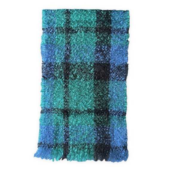 Donegal Design Plaid Mohair Wool Scarf 10"x66" Blue Green Handcrafted in Ireland - Picture 4 of 6